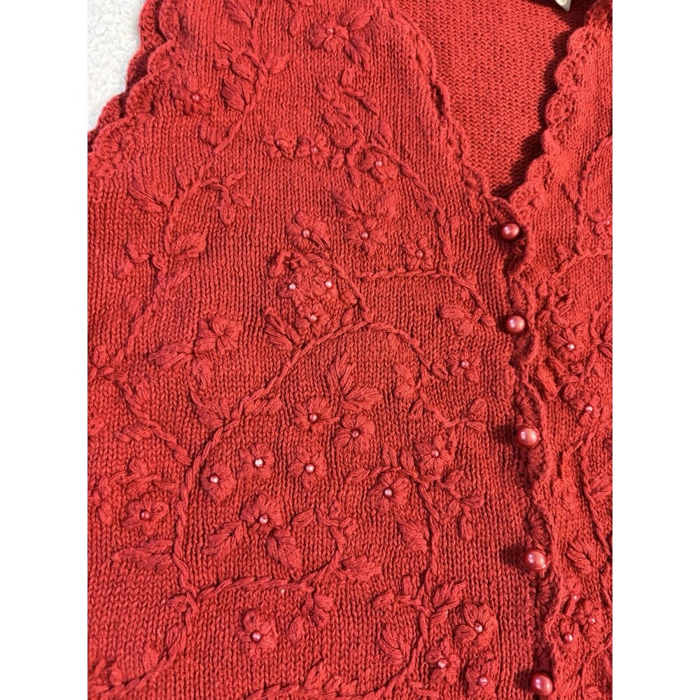 VTG Route 66 Sweater Vest Womens Large Red Cotton Beaded Floral Pearls Grandma